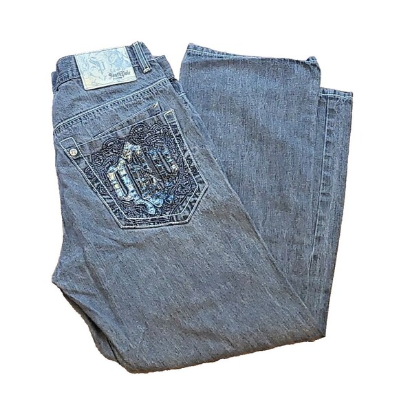 Vtg South Pole Baggy Jeans Y2K 32x29.5 Skate Grunge Hip Hop 90s Black Embroidery